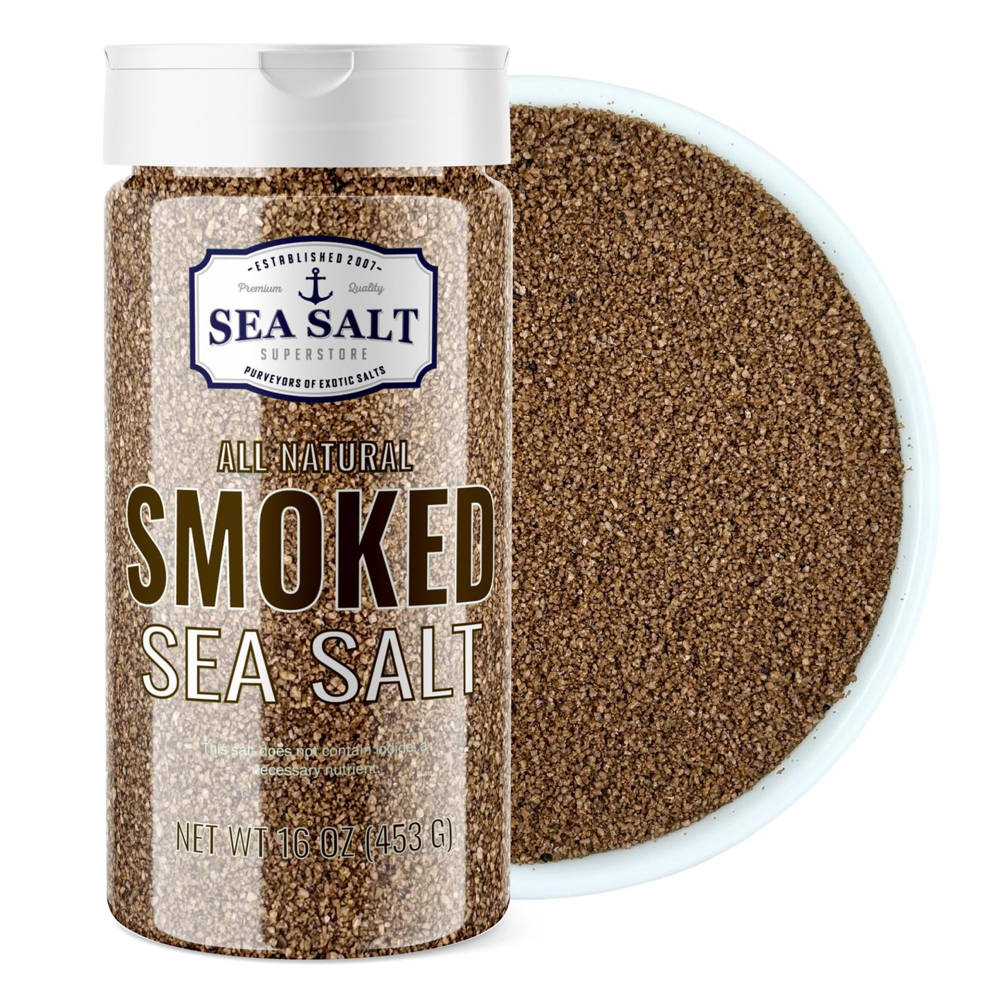Sea Salt Superstore Fine Grain Cold Smoked Sea Salt, Unrefined Kosher Salt for Grilling & Cooking, 16 oz