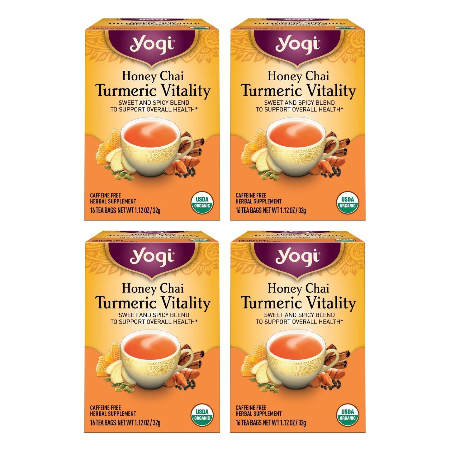 Yogi Tea Honey Chai Turmeric Vitality Tea - 16 Tea Bags Per Pack (4 Packs) - Organic Tea To Support Overall Health - Includes Ci