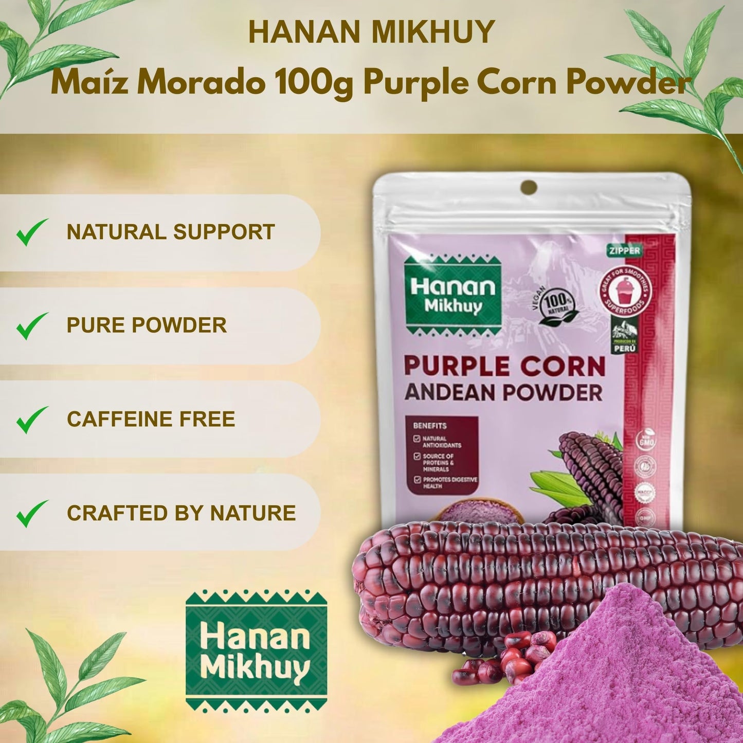 Hanan Mikhuy Ma  Z Morado 100G - 100% Natural Purple Corn Powder For Digestive Health & Nutrient Absorption Vegan, Non-Gmo, Glut