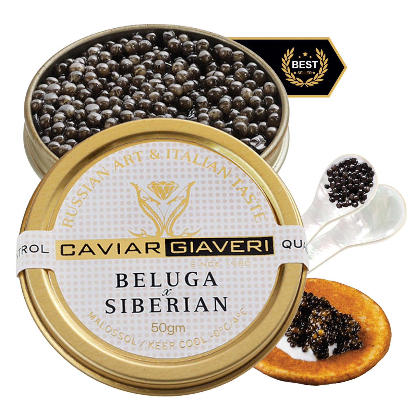 Bester Caviar Royal Beluga Hybrid Sampler Set 1.75Oz (50G) - Huso Huso X Baerii Sturgeon Sampler Package - Caviar Serving Set With Mini Blinis (30 Pcs) Mini Cooler & 1 Spoon