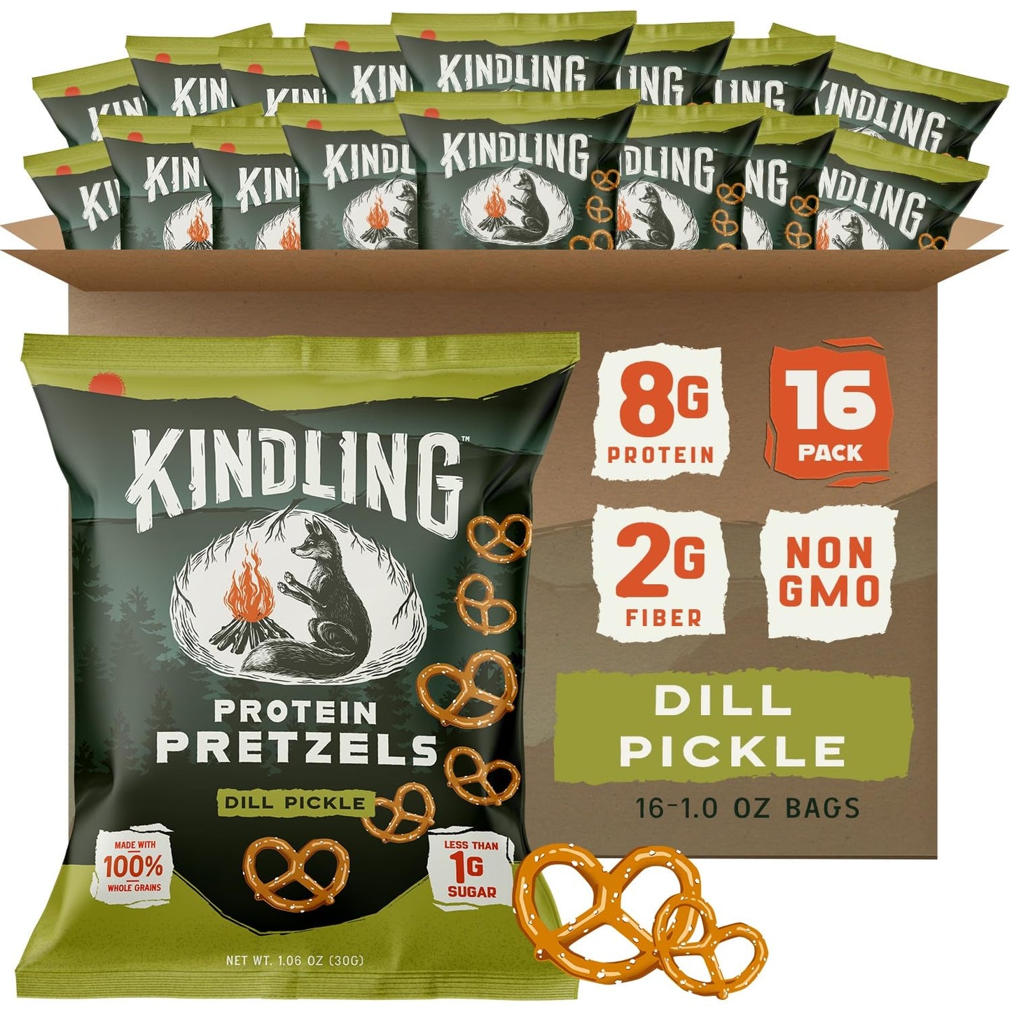 Kindling Protein Pretzels - Dill-Pickle | Protein-Packed Snack Size Bags | Kosher | 8-9g Protein Per Serving | No Artificial Fla