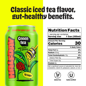 Halfday Prebiotic Green Tea With Honey And Ginseng 12-Pack - Nostalgic Flavor, Low Sugar, Incredible Taste - Paleo, Gluten Free,