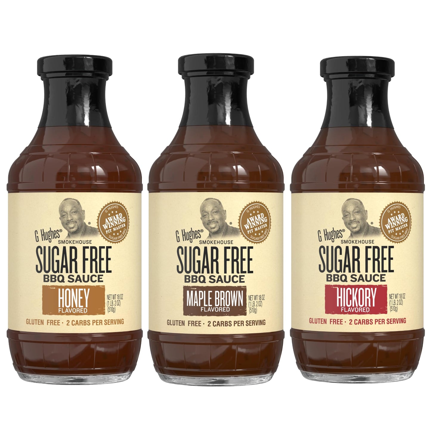 G Hughes Sugar Free, BBQ Sauce Variety Pack - Maple Brown, Honey, & Hickory, Gluten Free Barbecue Sauces, Sugar Free BBQ Sauces,