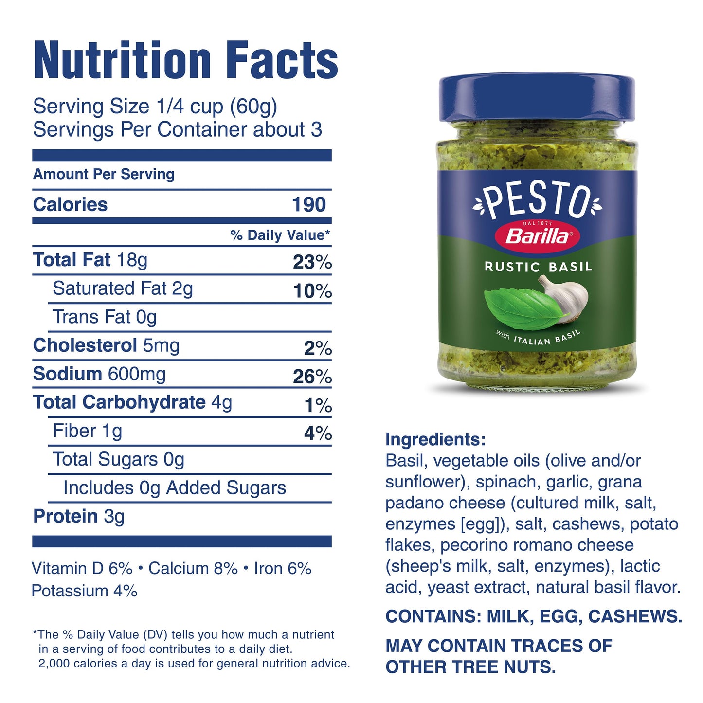 Barilla Rustic Basil Pesto Sauce Made with Italian Basil and Cheeses 6.5 oz. Jar Pasta Sauce and Spread