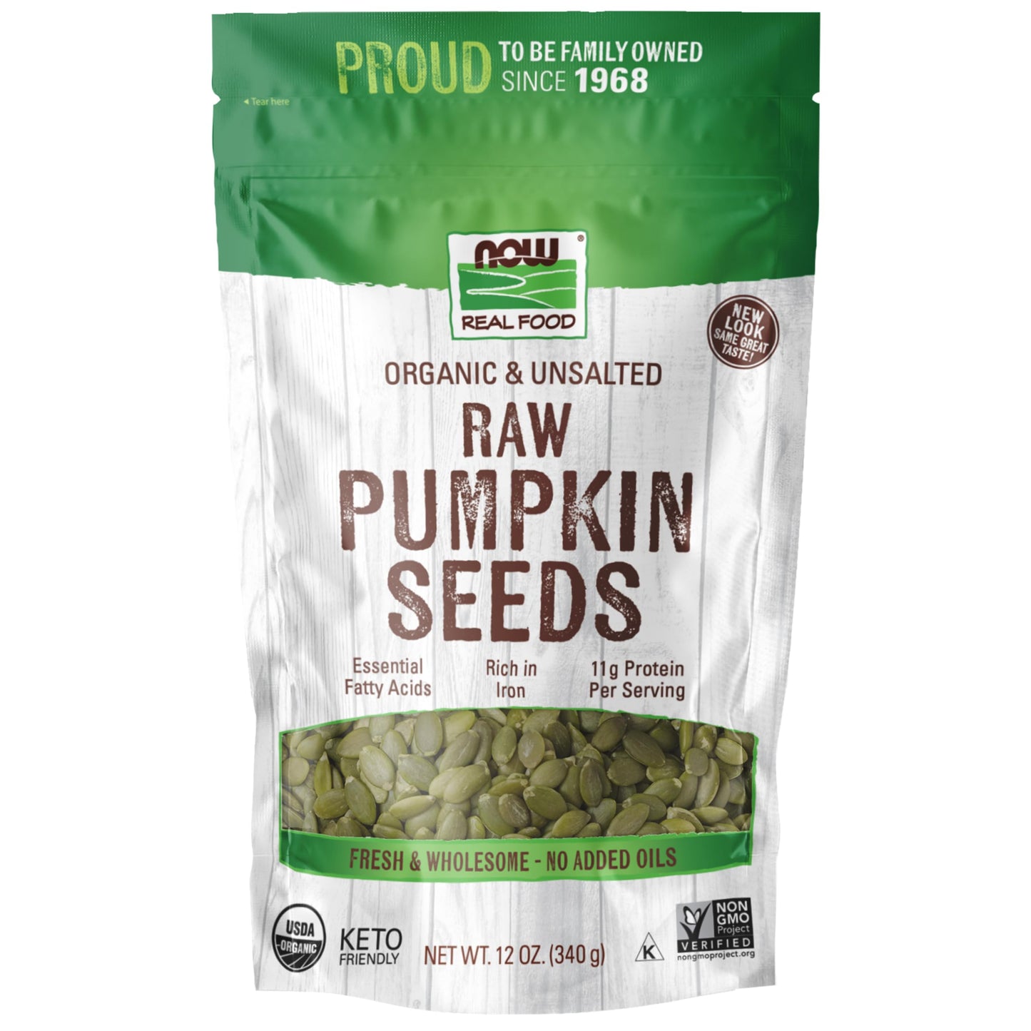 NOW Foods, Organic Pumpkin Seeds, Raw and Unsalted, Excellent Source of Protein and Iron, Certified Non-GMO, Keto-Friendly Snack