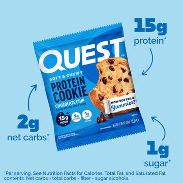 QUEST Chocolate Chip Protein Cookie, 15g Protein, 1g Sugar, Keto Friendly, 4 Count