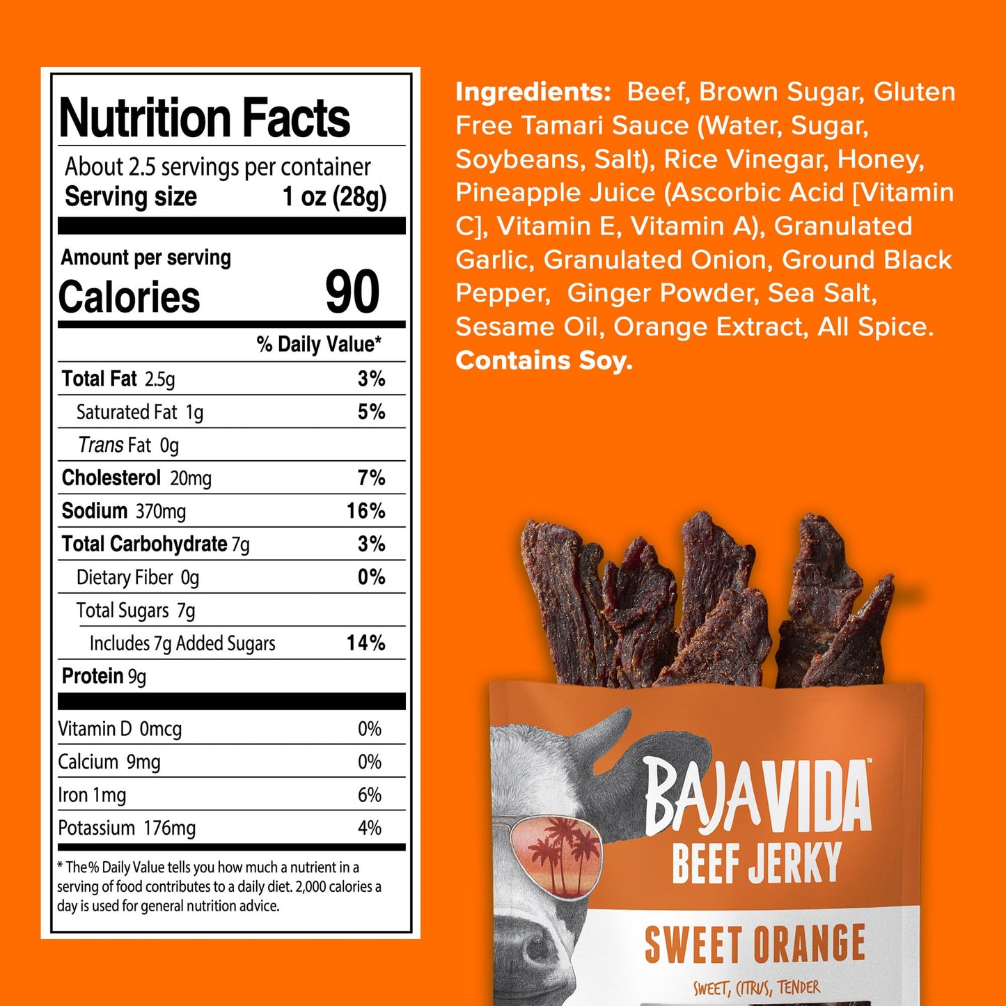 Baja Beef Baja Vida Sweet Orange Beef Jerky - Beef Jerky Snack Packs, Healthy Jerky, Gluten-Free, All-Natural Beef, No Msg, Made