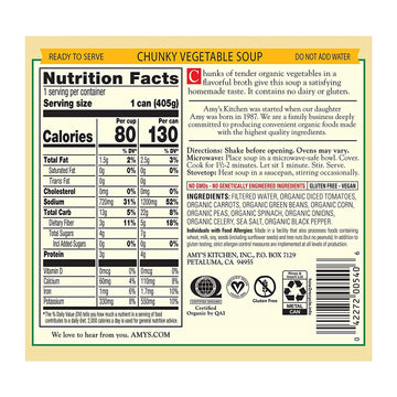 Amy’S Soup, Vegan Chunky Vegetable Soup, Gluten Free, Made With Organic Tomatoes, Carrots, Green Beans, Corn, Peas, Canned Soup, 14.3 Oz (6 Pack)