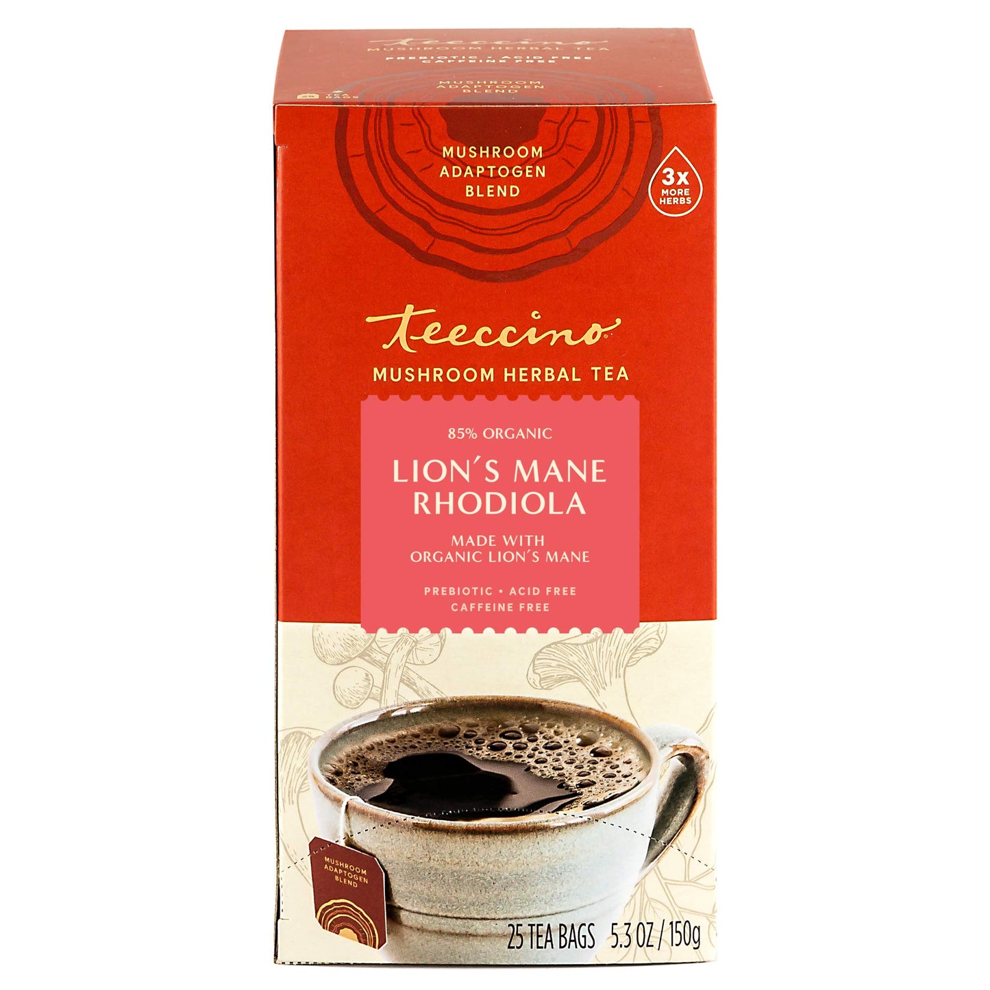 Teeccino Herbal Tea - Lions Mane & Rhodiola Rose, Caffeine-Free, Prebiotic, 25 Count