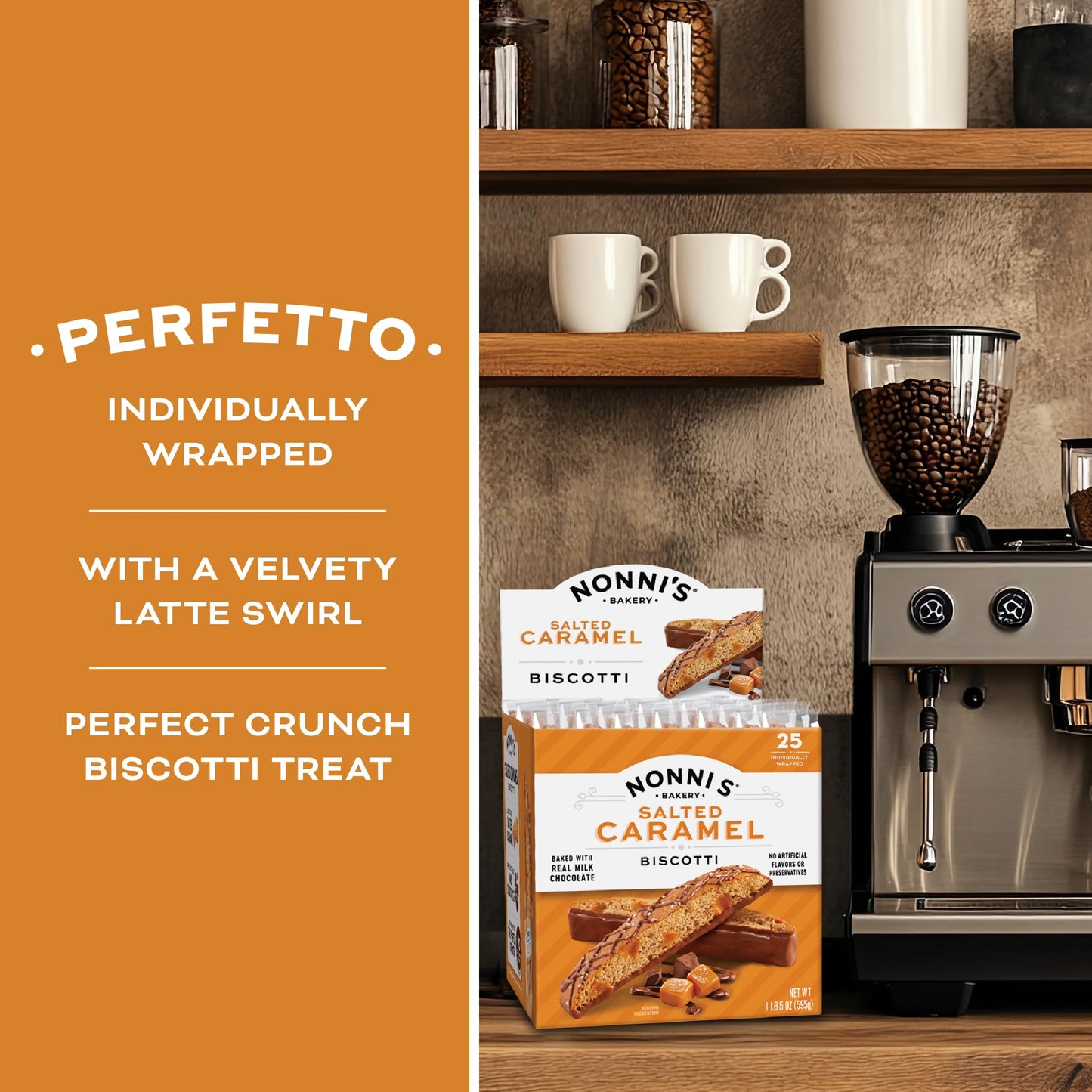 Nonnis Salted Caramel Milk Chocolate Biscotti Cookies - Individually Wrapped Italian Coffee Snack, Crunchy Twice-Baked, 90 Cal