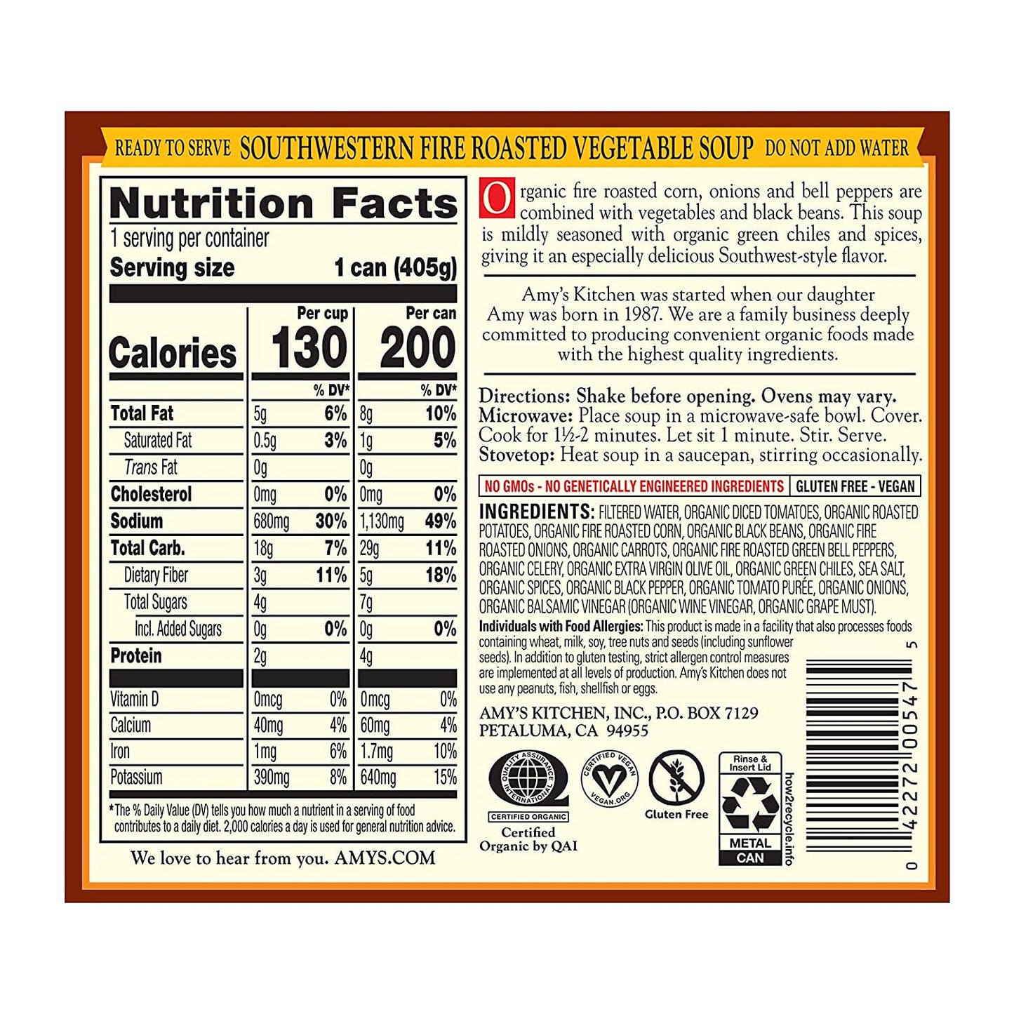 Amys Soup, Vegan Fire Roasted Southwestern Vegetable Soup With Organic Black Beans, Gluten Free, Canned Soup, 14.3 Oz (12 Pack)