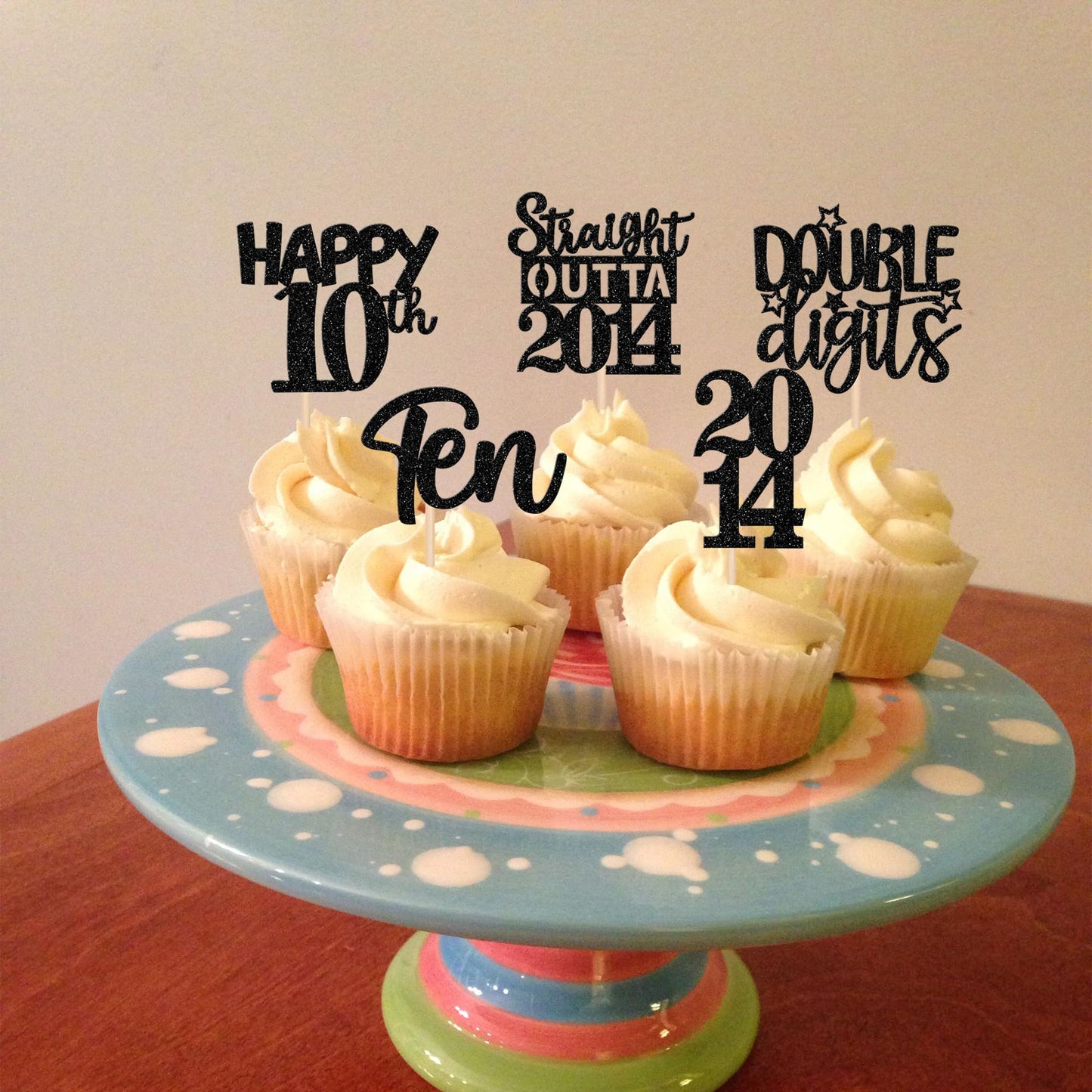 30Pcs Black 10Th Birthday Cupcake Toppers Glitter Ten Happy 10Th Straight Outta 2014 Cupcake Picks For Cheers To 10 Years 10Th B