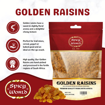 Spicy World Golden Raisins 2 Lb Bulk Bag - Sweet & Seedless Sultanas From South Africa | | Perfectly Dried For Natural Sweetness | Ideal Dried Fruit Snack | For Baking & More | No Added Sugar
