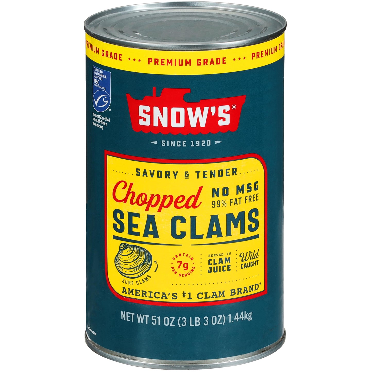 Snows Chopped Sea Clams in Clam Juice 51 oz Can - enhanced Grade Wild Caught Gourmet Surf Clams - 7g Protein Per Serving - Gluten Free Keto Friendly 99% Fat Free