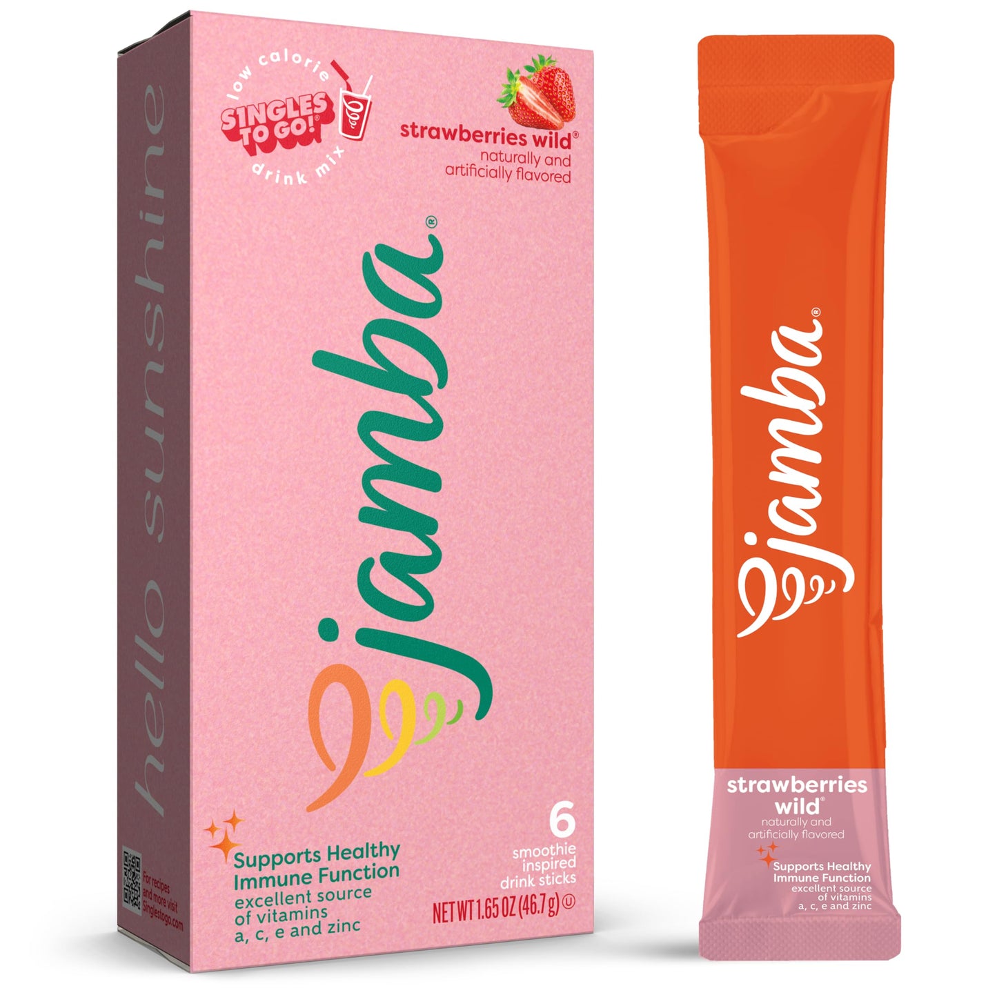 SINGLES TO GO! Strawberry Wild Smoothie Powdered Drink Mix, Aspartame Free, 6 Pack, 0.27 Ounce Each