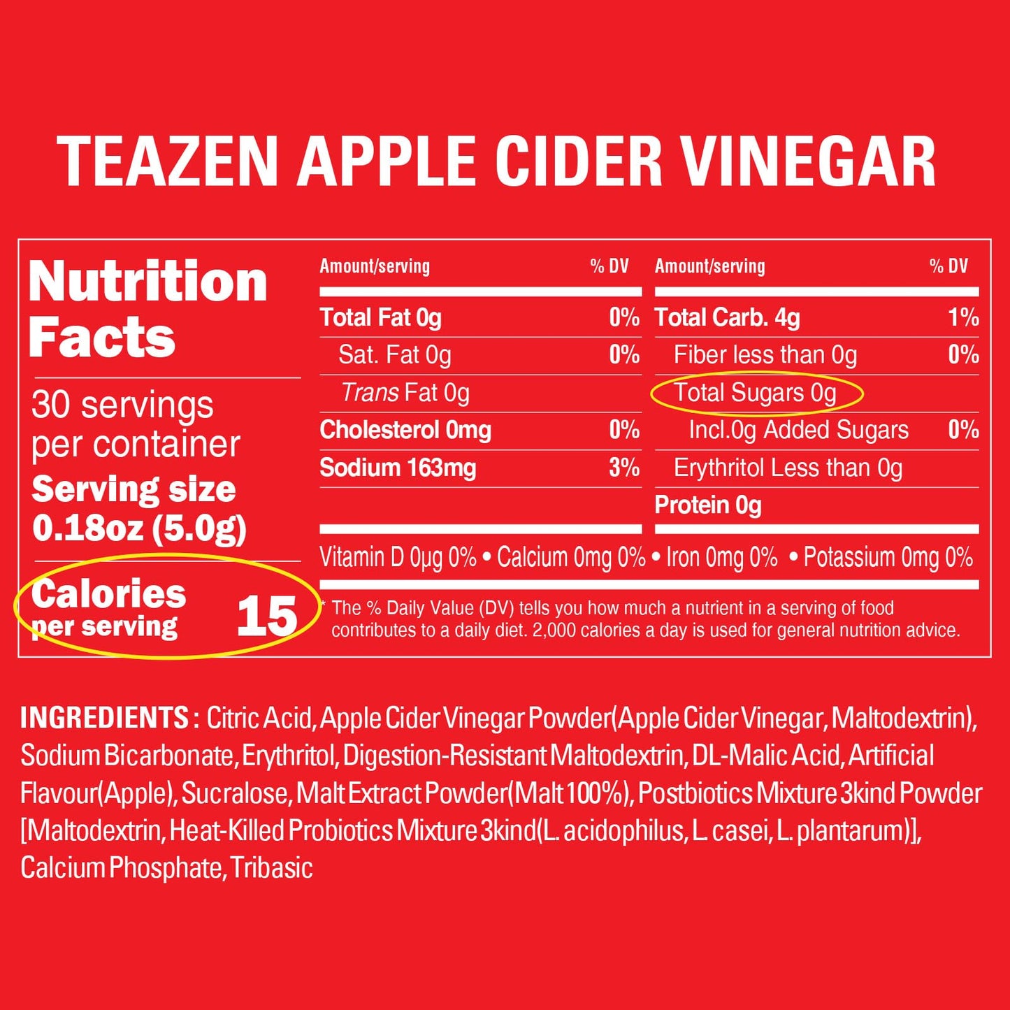 Teazen Apple Cider Vinegar Drink Powder Stick – On-The-Go Wellness With 1500Mg Acv, Sugar-Free, Postbiotics, 30 Sticks | Supports Digestion & Metabolism