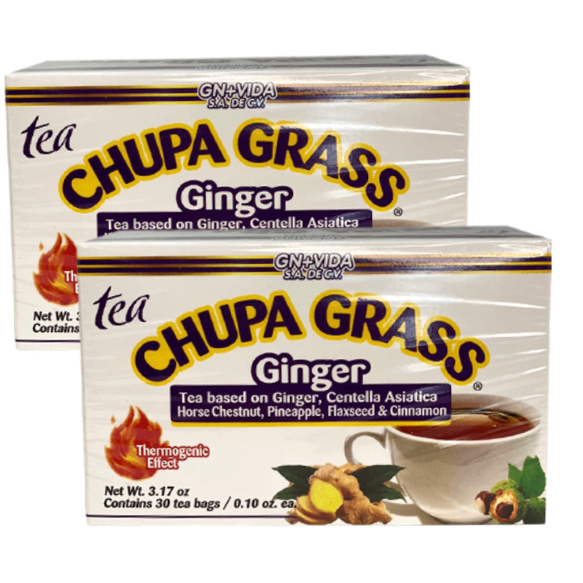 2 Boxes Improved Formula Tea Chupa Grass - Tea Based Ginger, Gotu Kola & Cinammon & Te Panza Jengibre (30 Tea Bags/0.10 Oz Each