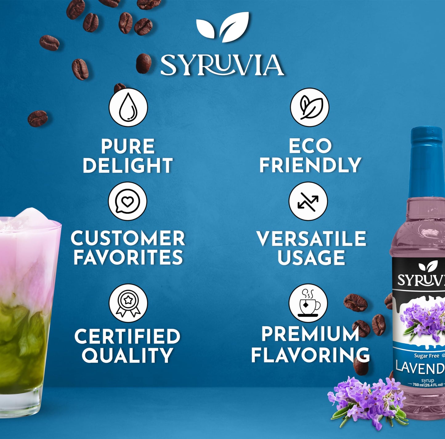 Syruvia Sugar-Free Lavender Syrup - 25.4 Fl Oz. Premium Coffee Flavoring Syrup. 0 Calories, Kosher, And Gluten-Free. Perfect For