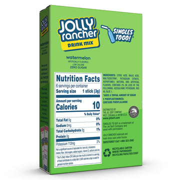 Jolly Rancher Singles To Go Powdered Drink Mix, Watermelon, 12 Boxes with 6 Packets Each - 72 Total Servings, Sugar-Free Drink P