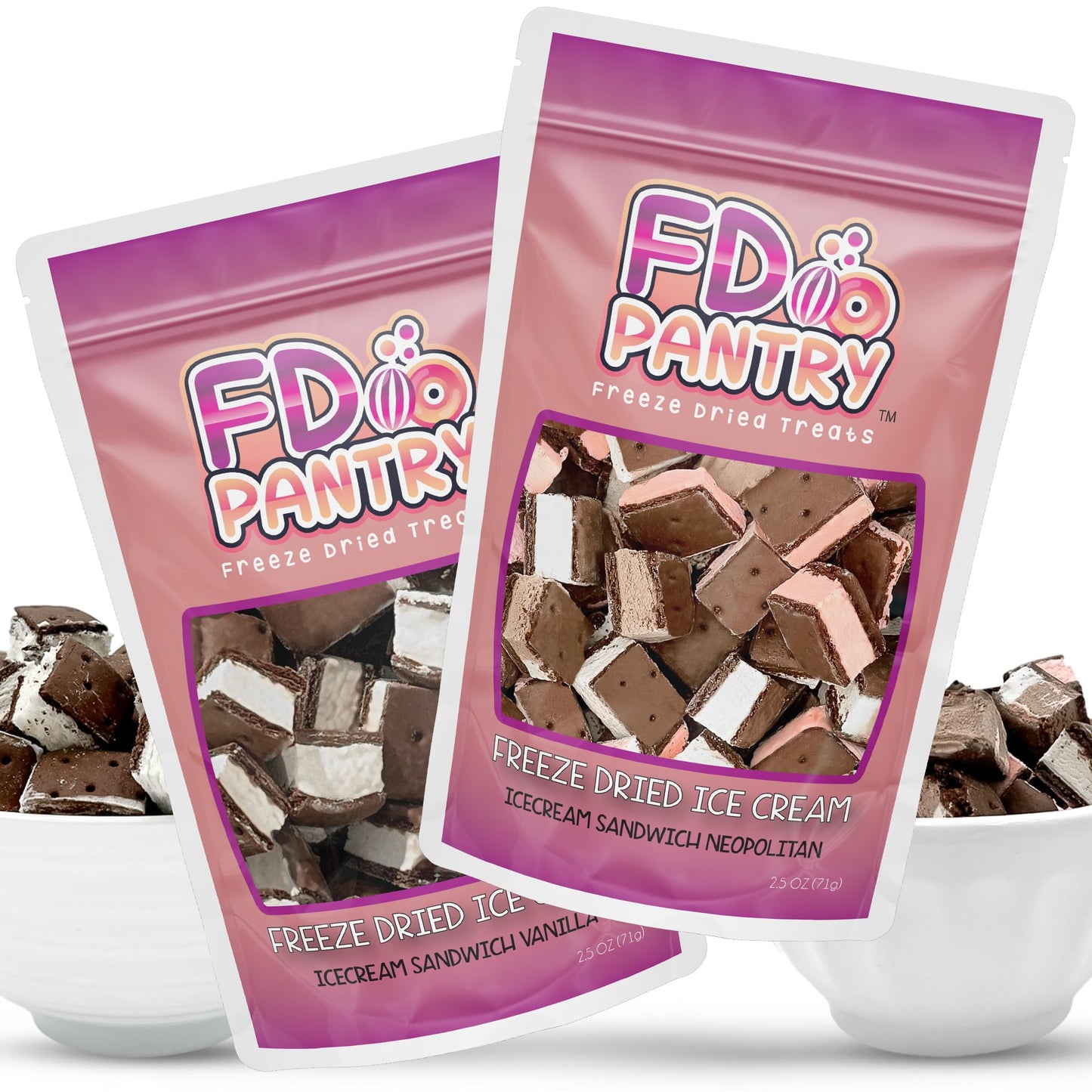 Freeze Dried Icecream Sandwich Bites, Neapolitan & Vanilla 2.5oz (2 pack) - Crunchy & Sweet Freeze Dried Dessert Snack, Dehydrat