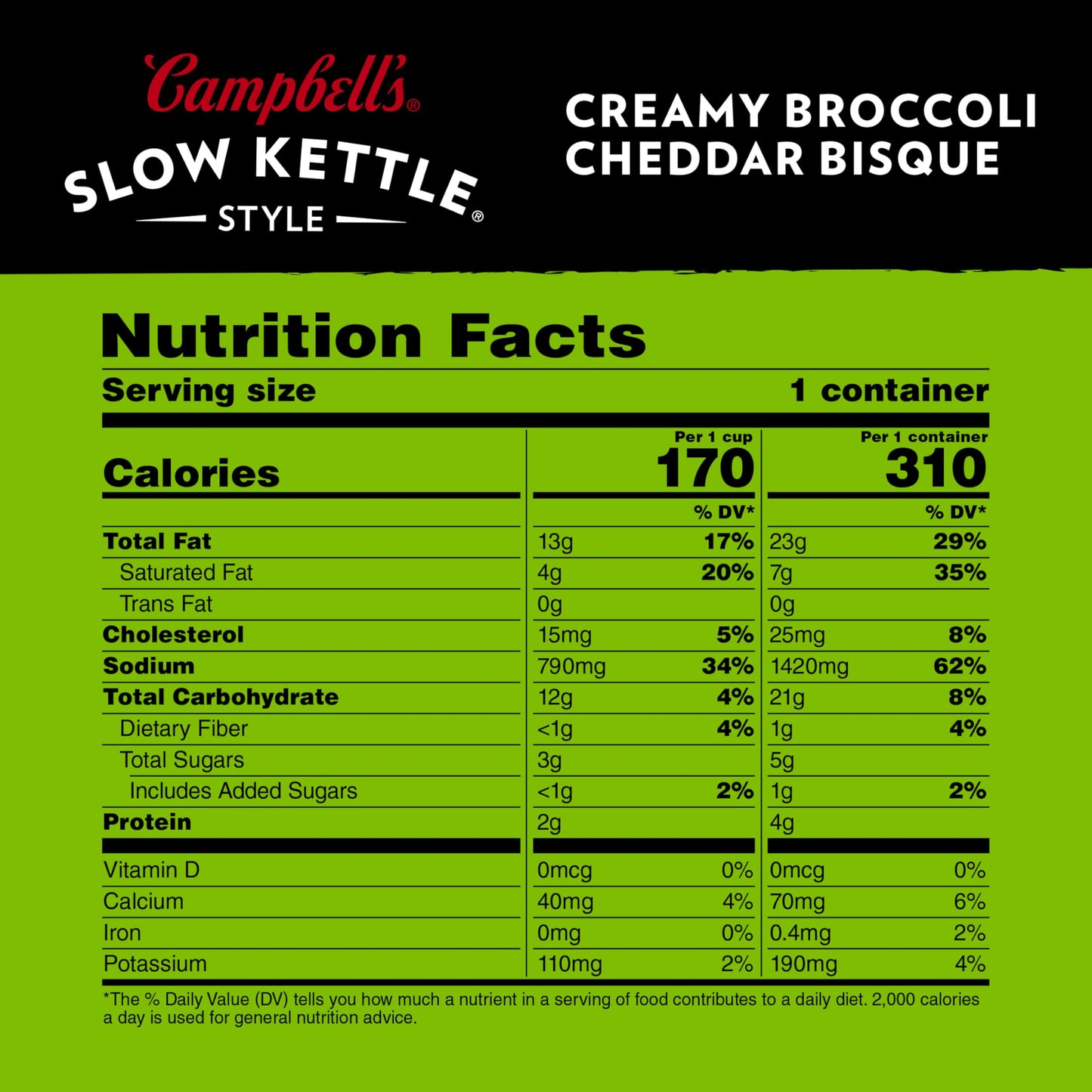 Campbell'S Slow Kettle Style Creamy Broccoli Cheddar Bisque, 15.5 Oz Microwavable Bowl