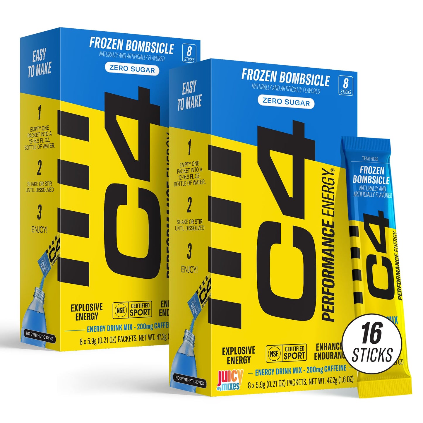 Juicy Mixes C4 Performance Energy Drink Mix, Frozen Bombsicle, 200mg Caffeine, Zero Sugar, 2 Boxes (16 Sticks)