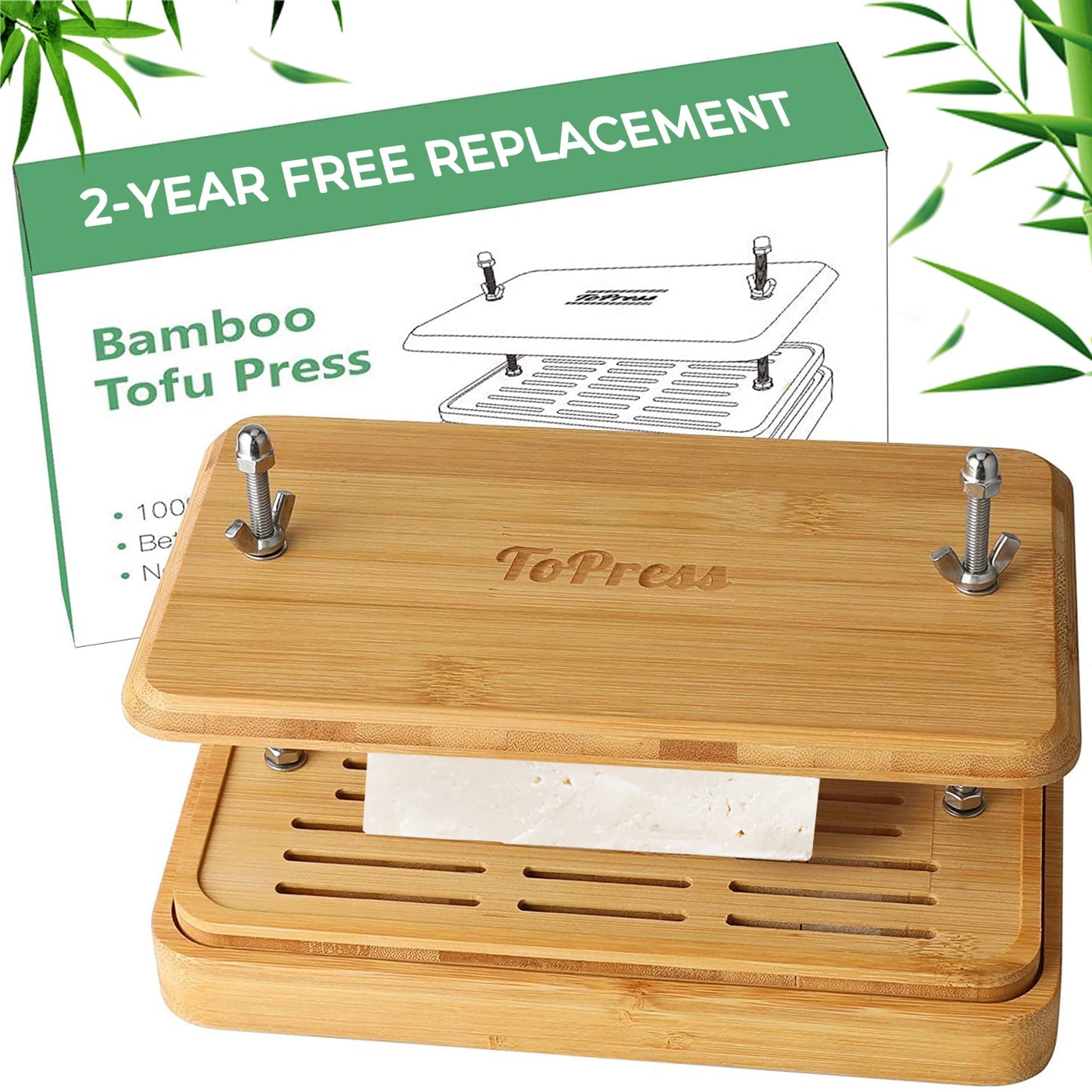 Bamboo Tofu Press, Built in Tofu Strainer and Drip Tray with Cheesecloth- Easily Remove Water from Tofu, Tofu Drainer and Squeez
