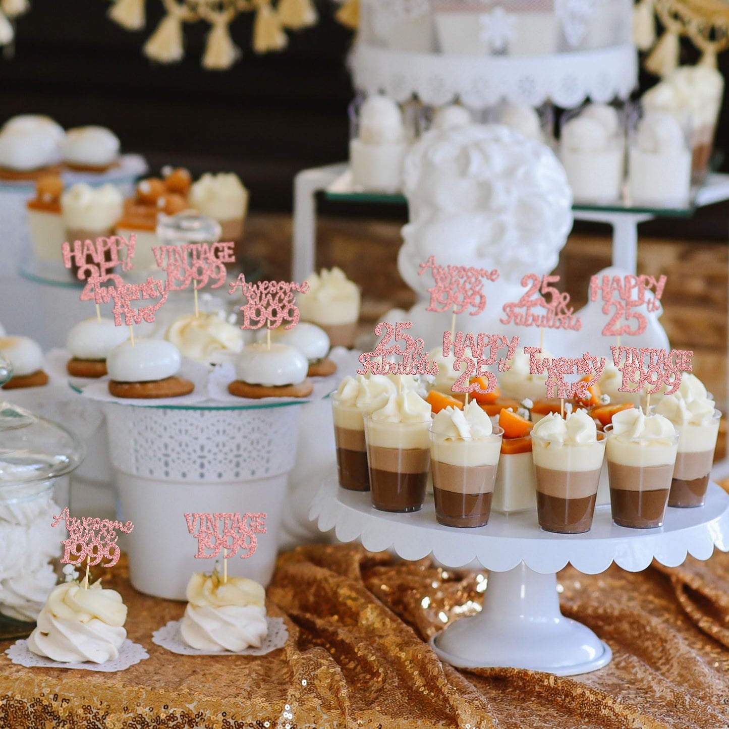 Gyufise 30Pcs Rose Gold Vintage 1999 Cupcake Toppers Glitter Happy 25Th Cheers To 25 Fabulous 25Th Birthday Cupcake Picks 25Th B