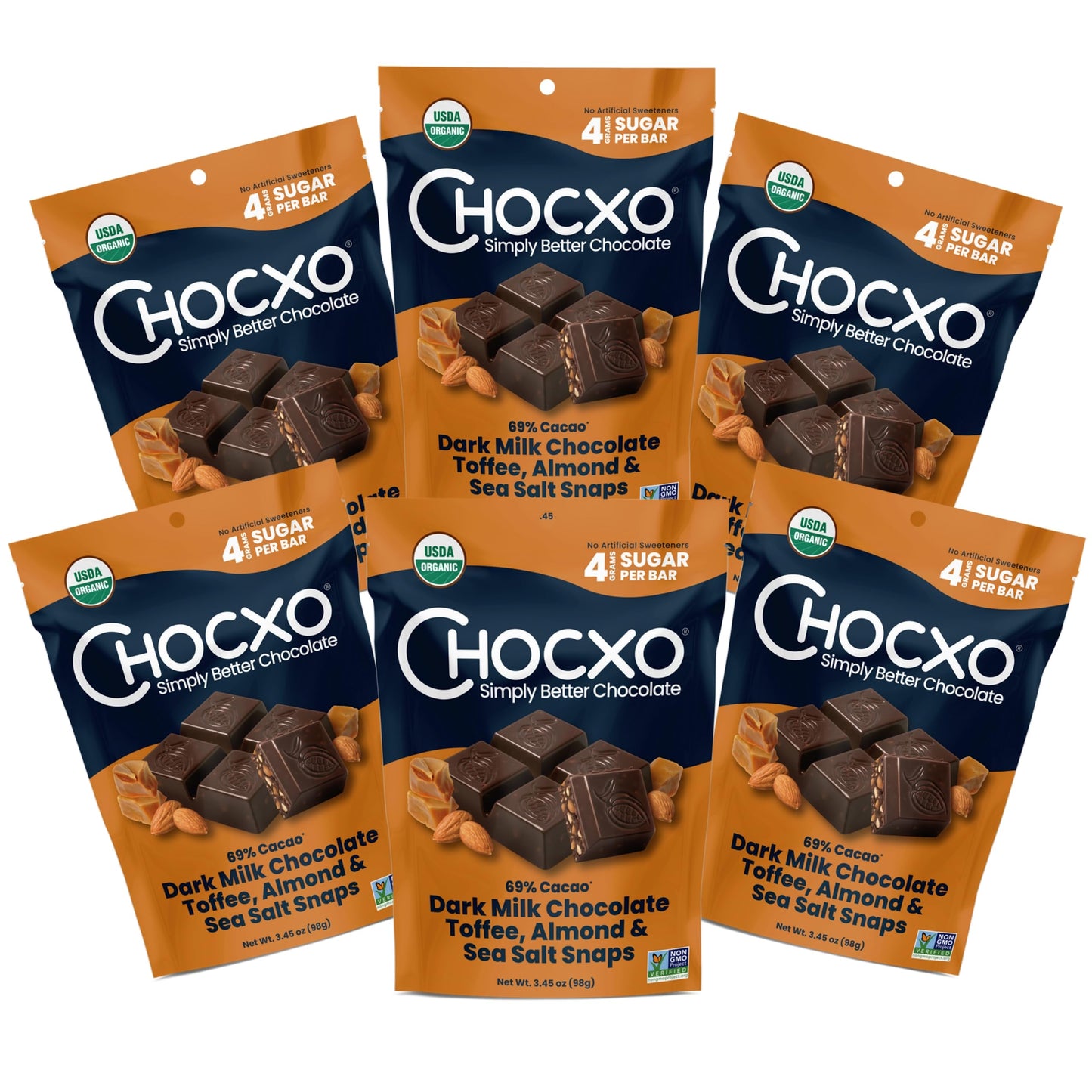 Chocxo Dark Milk Chocolate Toffee Almond & Sea Salt Snaps - Lower Sugar 69% Organic Cacao Nongmo Keto Gluten Free Kosher. No Artificial Sweeteners/Sugar Beverage-Styles 3.45 Oz (Pack Of 6)