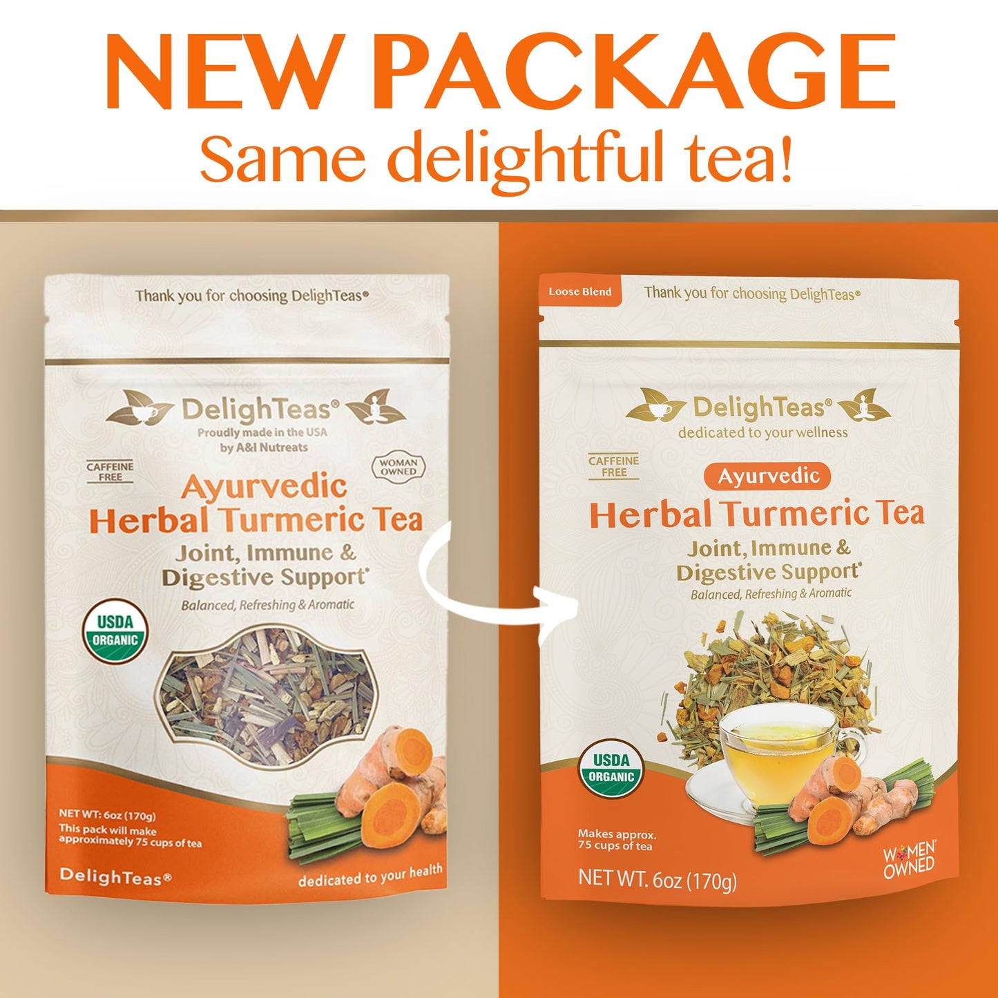 DelighTeas Organic Turmeric Ginger Tea, Herbal Loose Leaf, Non-GMO, Caffeine Free, 6oz, 75 Servings