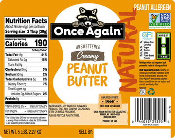 Once Again Natural, Creamy Peanut Butter, 5Lb Pantry Pal (Same As 5 Jars) - Lightly Salted, Unsweetened - Gluten Free Certified,