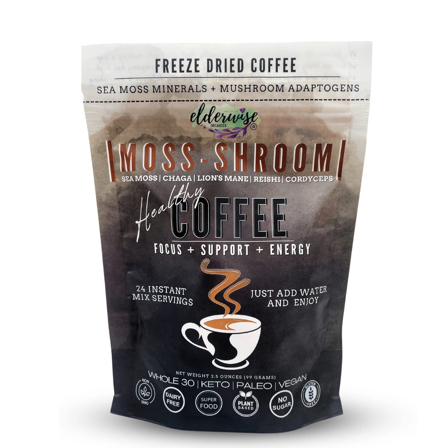 Elderwise Organics Coffee With Mushrooms & Sea Moss - LionS Mane Chaga Reishi & Cordyceps - 24 Servings - Healthy Coffee - Freeze Dried Instant - Chemical Free - Fair Trade