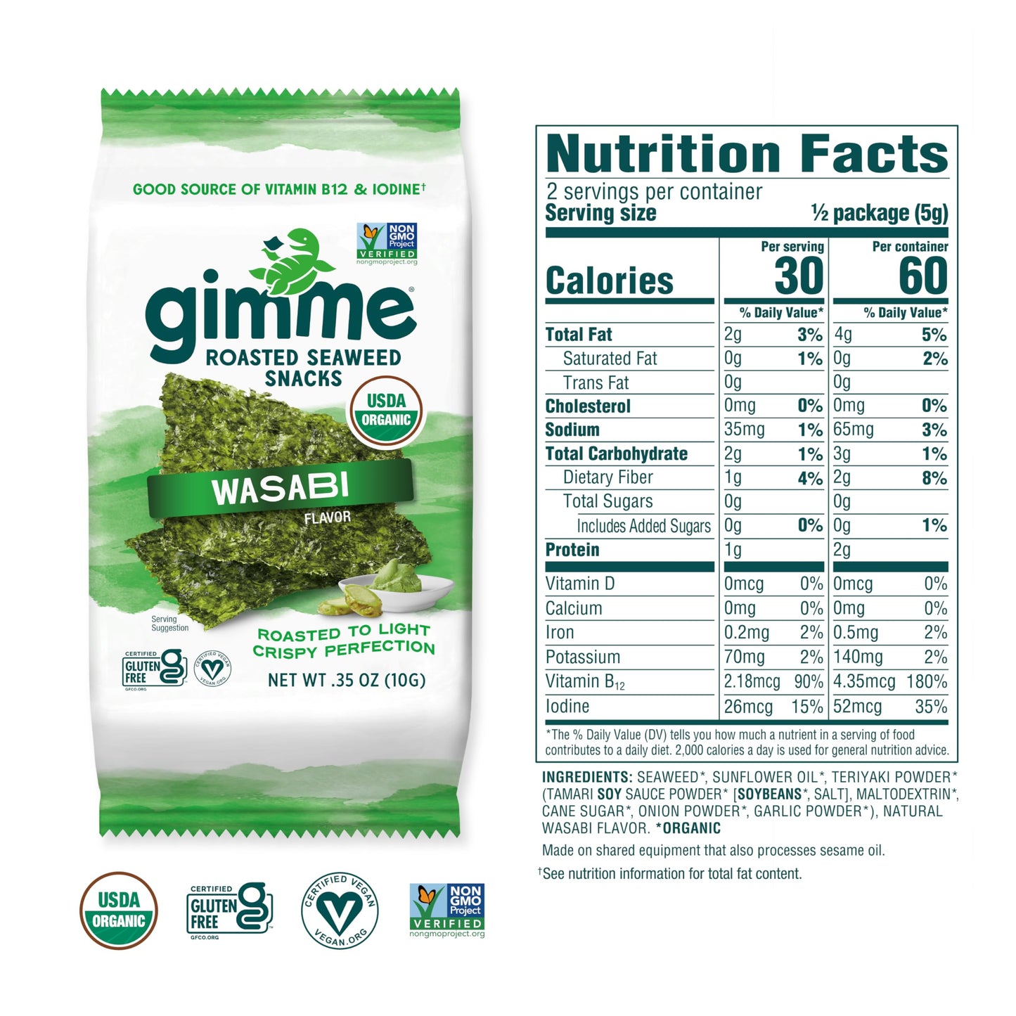 Gimme Seaweed Snacks Roasted Wasabi, 0.35 Oz