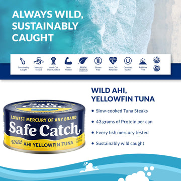 Safe Catch Wild Ahi Yellowfin Tuna Fish Canned, Wild Caught, Lowest Mercury, Lean Protein, Omega 3, Gluten-Free, Kosher, Pack Of
