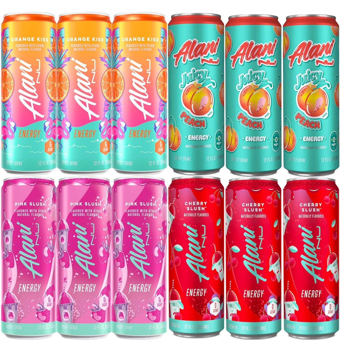 Alani. Nu Energy Drink Variety Pack | (Pack Of 12) | 4 Different Flavors : Orange Kiss Pink Slush Juicy Peach And Cherry Slush -12 Fl. Oz - By The Munchie Mix