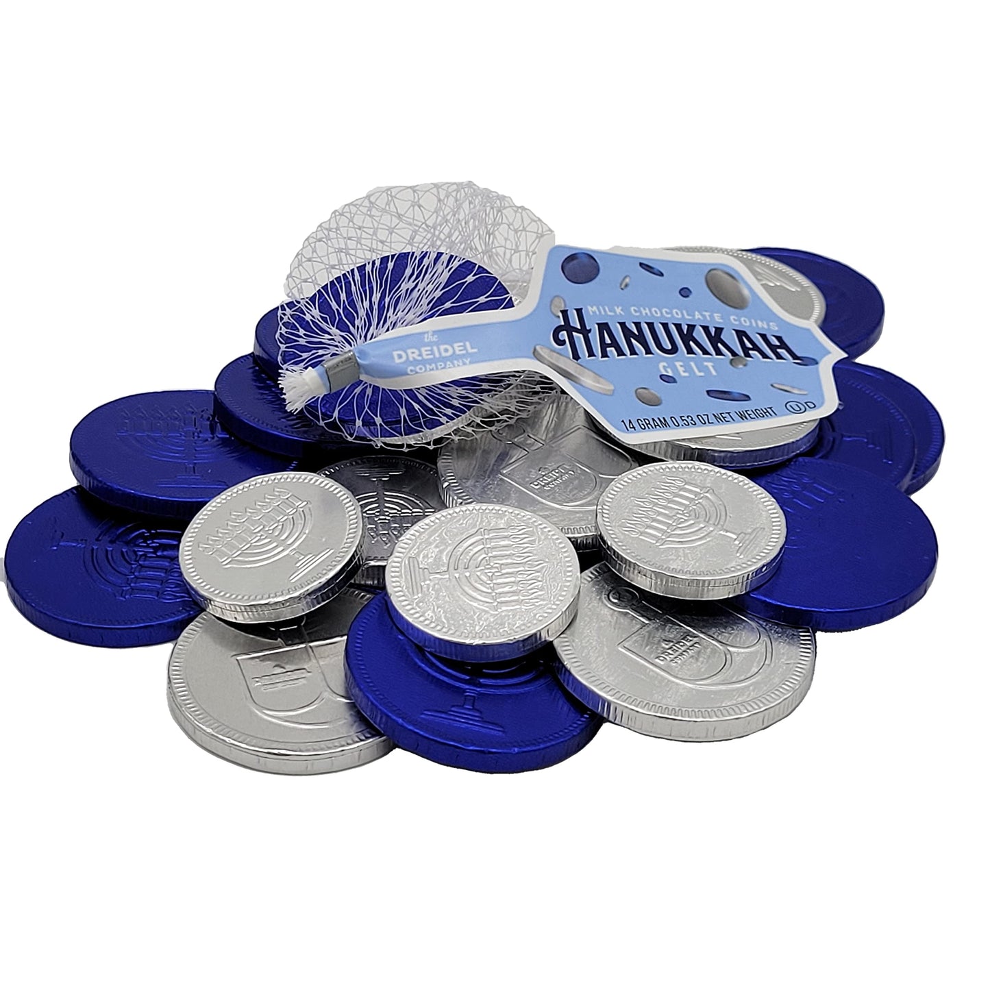 The Dreidel Company Hanukkah Gelt Blue & Silver Coins, Gluten Free, Non-GMO, Kosher Certified, 24 Count in 10 Mesh Bags