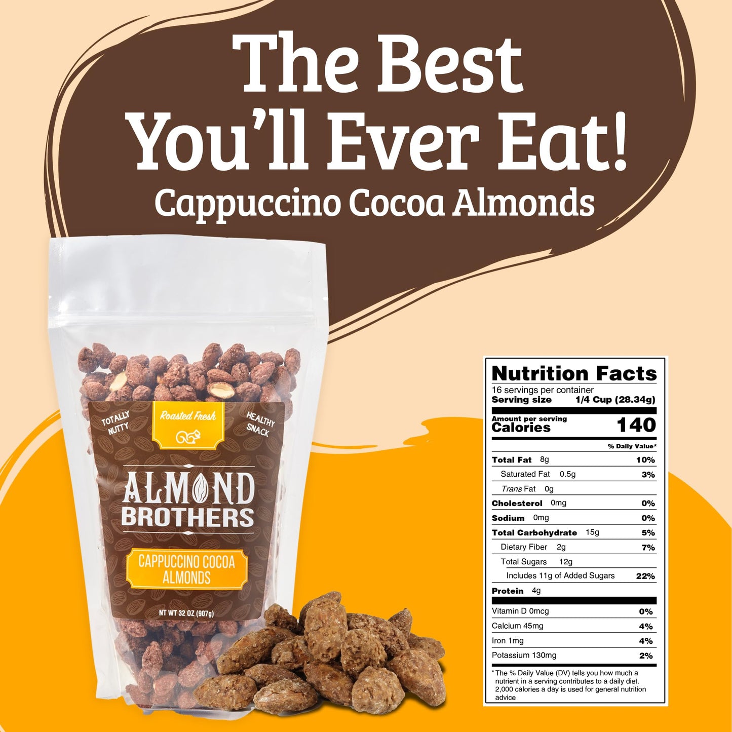 Almond Brothers Roasted Almonds - Hand Crafted Cappuccino & Cocoa Almonds, Gluten-Free, Non-Gmo, Candied Almonds - 2 Lb Bag