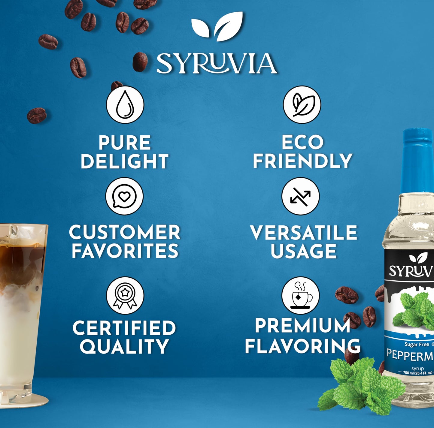 Syruvia Sugar Free Peppermint Syrup With Syrup Pump Dispenser - Peppermint Coffee Syrup Flavor, 25.4 Fl Oz, Kosher, Gluten Free,