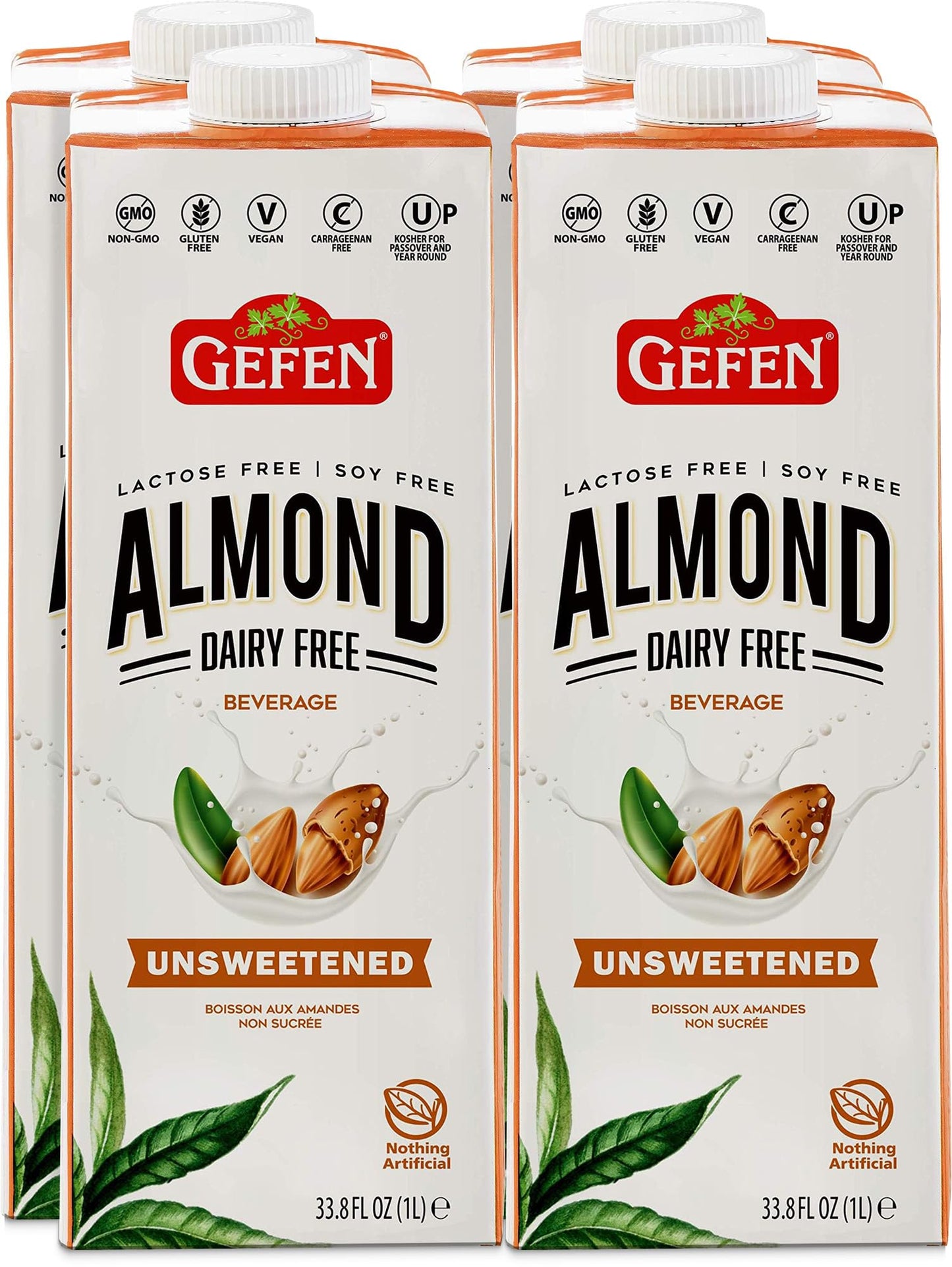 Gefen Unsweetened Almond Milk 33.8Oz (4 Pack) Just 3 Ingredients No Binders Or Preservatives Gluten Free Vegan Dairy Free Soy Free Non Gmo Kosher For Passover