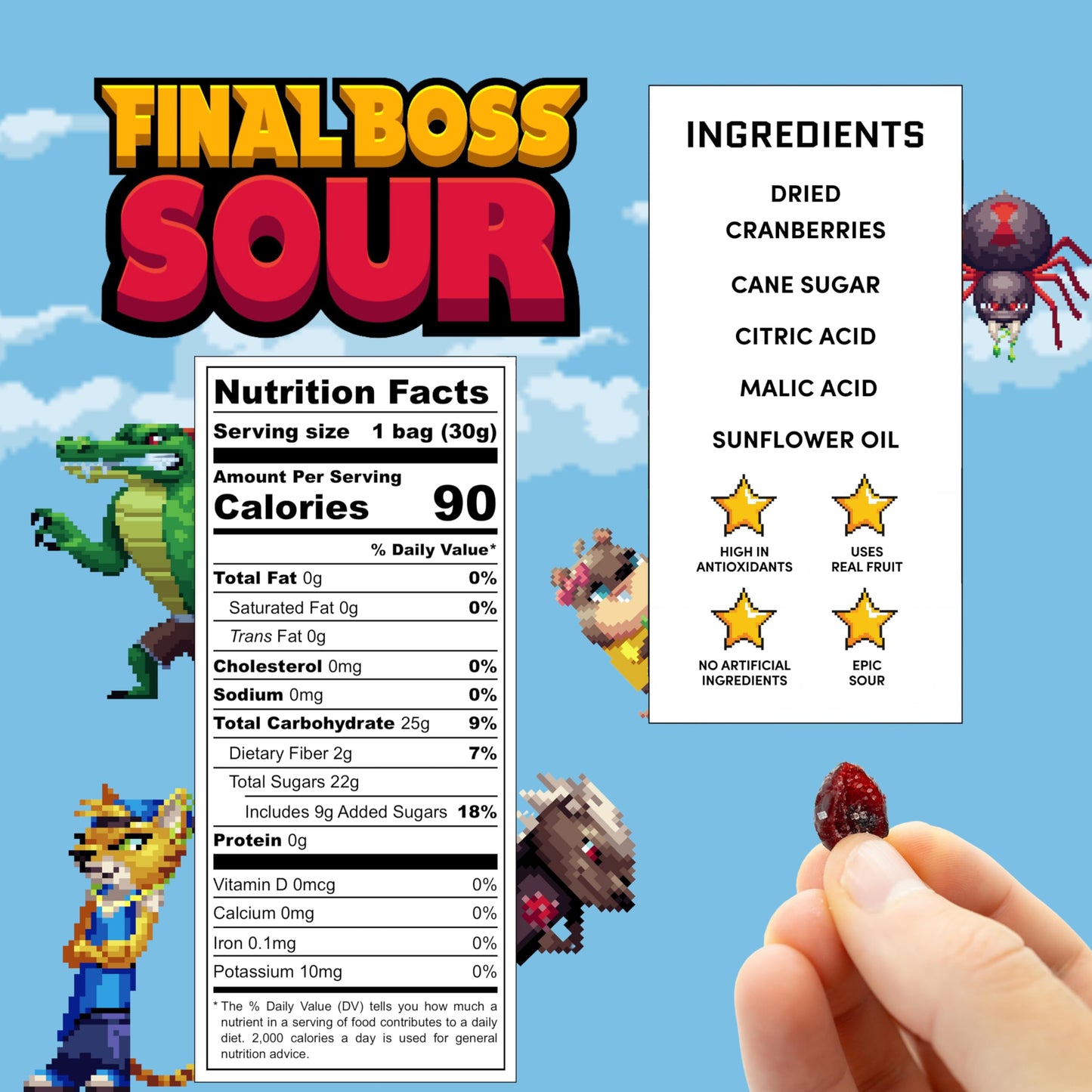 Final Boss Extremely Super Sour Candy, Natural Chewy Cranberry Gummies Made With Dried Fruit, Free Of Artificial Colors, Low Cal