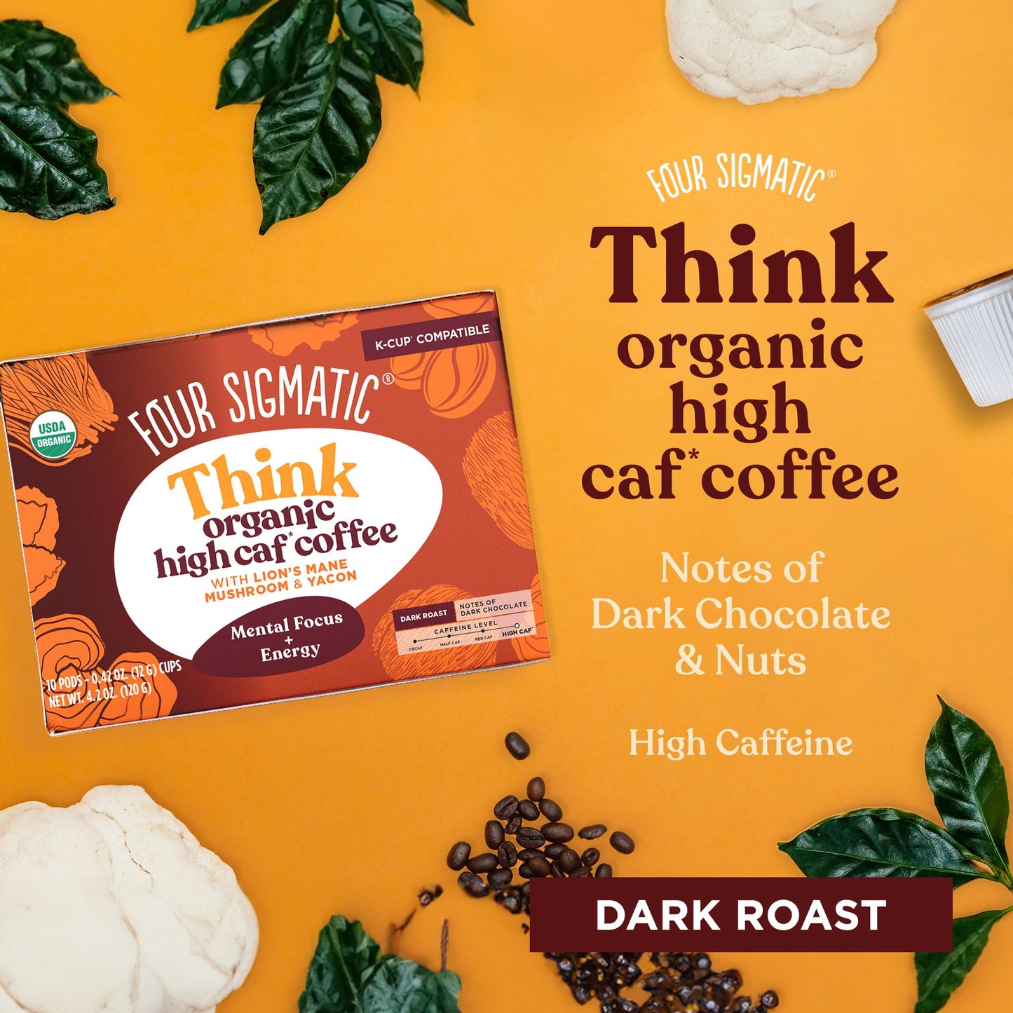 Four Sigmatic High Caffeine Mushroom Coffee K-Cups, Organic Dark Roast, 10 Count, Vegan, Keto, Sustainable Pods