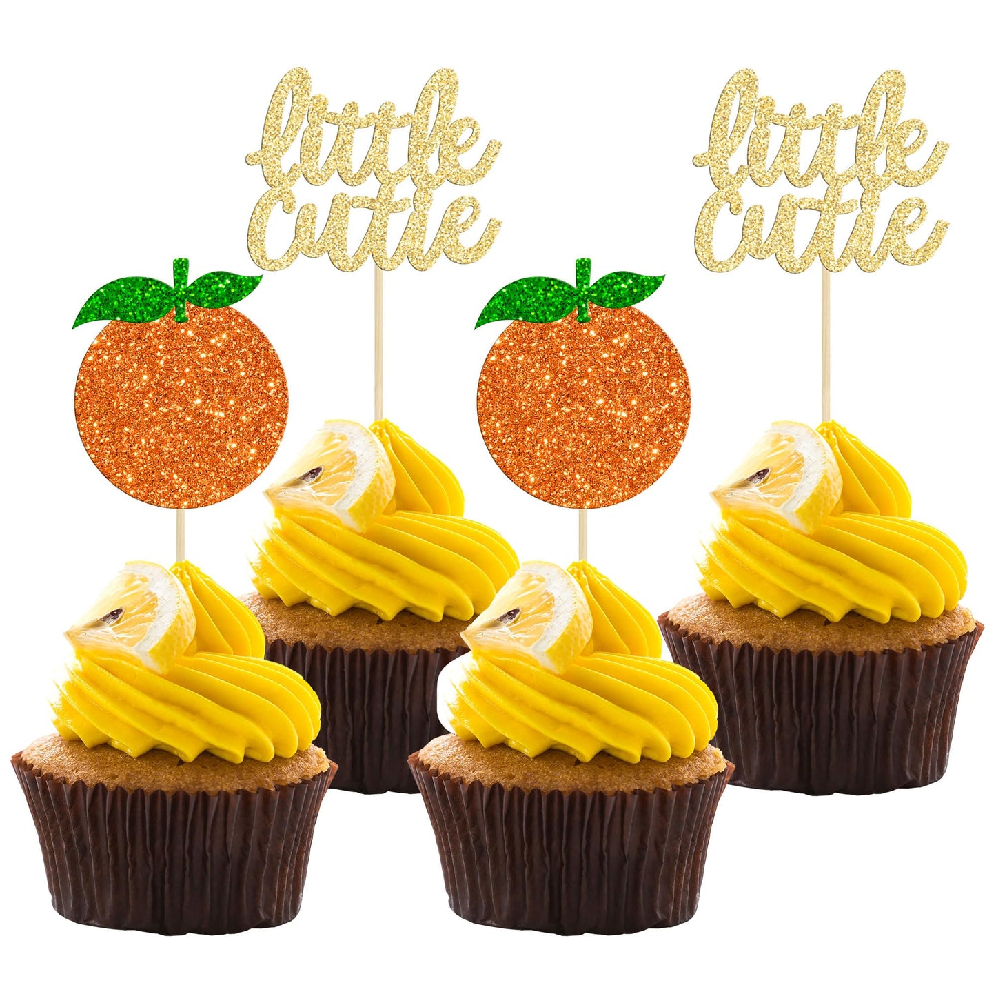 Gyufise 24Pcs Little Cutie Cupcake Toppers Glitter Orange Cupcake Picks For Citrus Theme Baby Shower Kids Birthday Party Cake Decorations Supplies