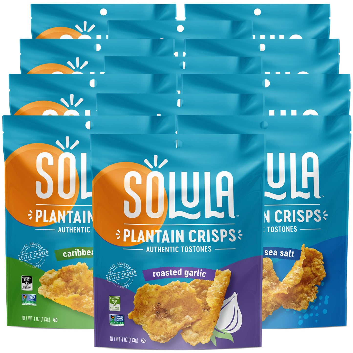 Solula Plantain Crisps Authentic Tostones, Variety Pack, 4 Ounce (Pack of 12), Pacific Sea Salt, Roasted Garlic and Caribbean Li