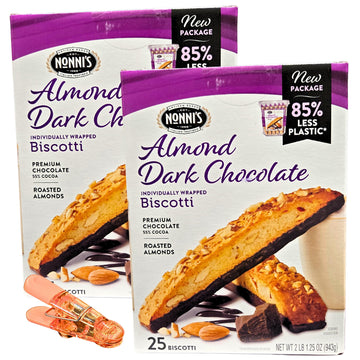 Almond Dark Chocolate Biscotti, Individually Wrapped, 25 Count, 2 lb 1.25 oz per Box, 2-Box Bundle, Premium 55% Cocoa, Roasted A