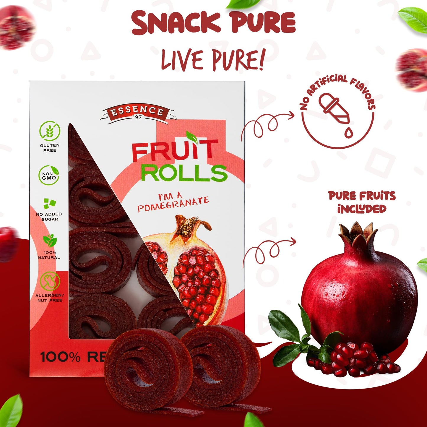 Essence 97 Fruit Roll Ups, Vegan Non-GMO Snacks, Natural Pomegranate, 16 Count