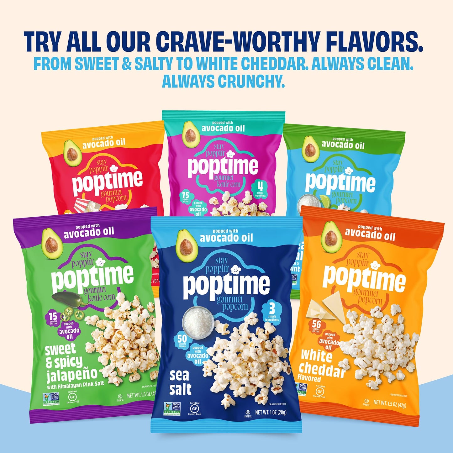 Poptime Kettle Cooked Popcorn Snacks - Sea Salt - Whole Grain - 1 Oz Bags - 24 Count - Non-GMO, Gluten-Free, Low-Calorie