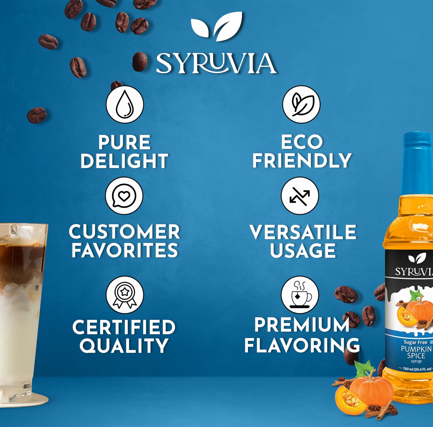 Syruvia Sugar Free Pumpkin Spice Syrup With Syrup Pump Dispenser - Pumpkin Spice Coffee Syrup Flavor, 25.4 Fl Oz, Kosher, Gluten