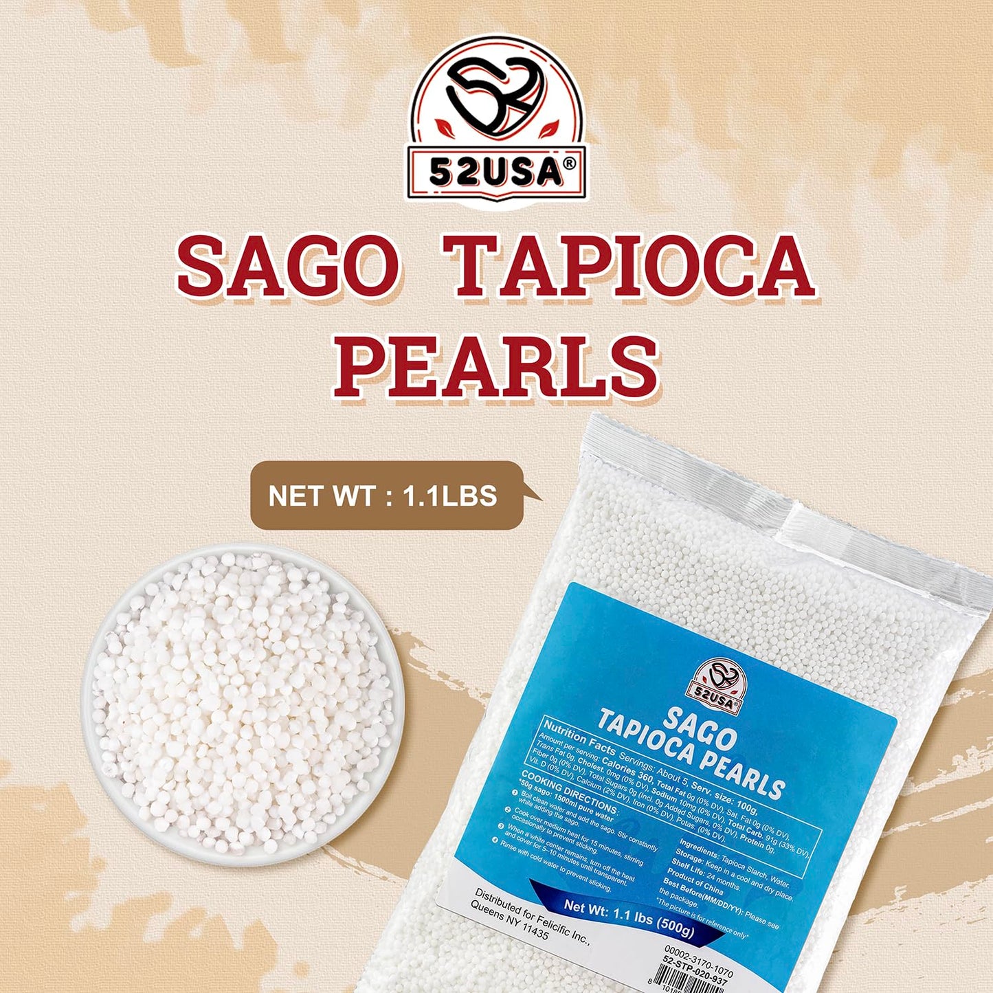 52USA Sago Pearls Small Tapioca Pearls 1.1 lbs (500g) White Sago for Desserts and Bubble Milk Tea All Natural Vegan Non-GMO Gluten-Free