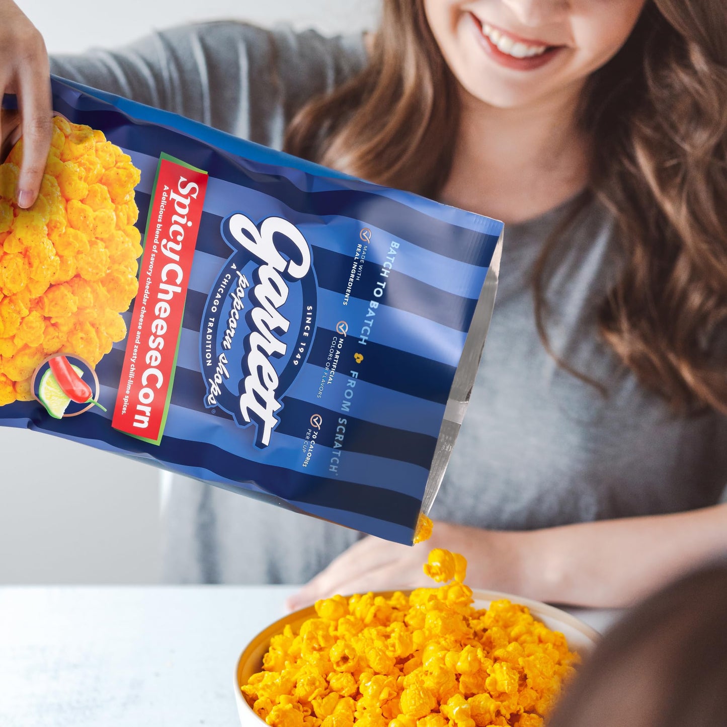 Garrett Popcorn Spicy CheeseCorn, Gluten Free, 5oz (Pack of 4), Spicy Cheddar Popped Snack
