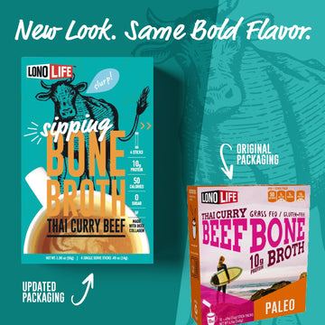 LonoLife Thai Curry Beef Bone Broth Powder Mix, 10g Protein, Collagen-Rich, 24 Stick Pack Servings, Keto & Paleo Friendly